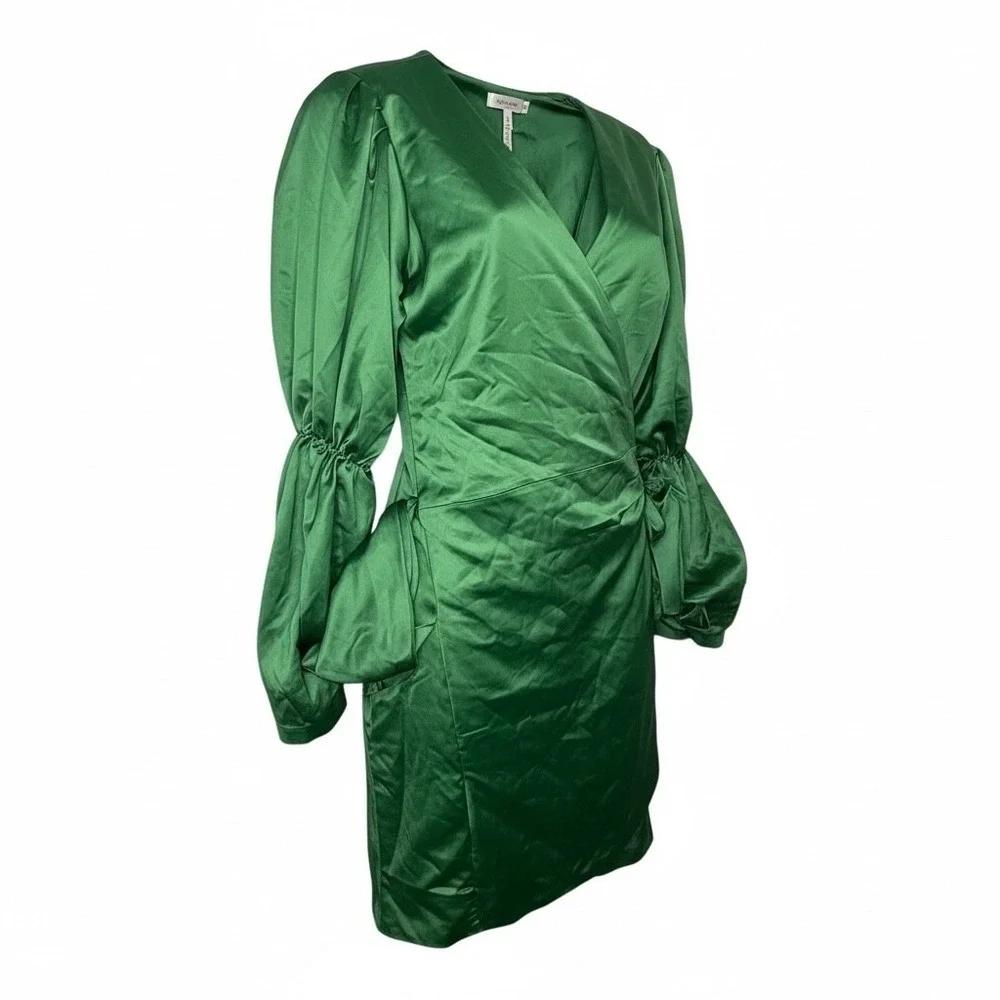 Marks & Curves Green Satin Wrap‎ Dress Womens Medium Emerald Bishop Sleeve Mini